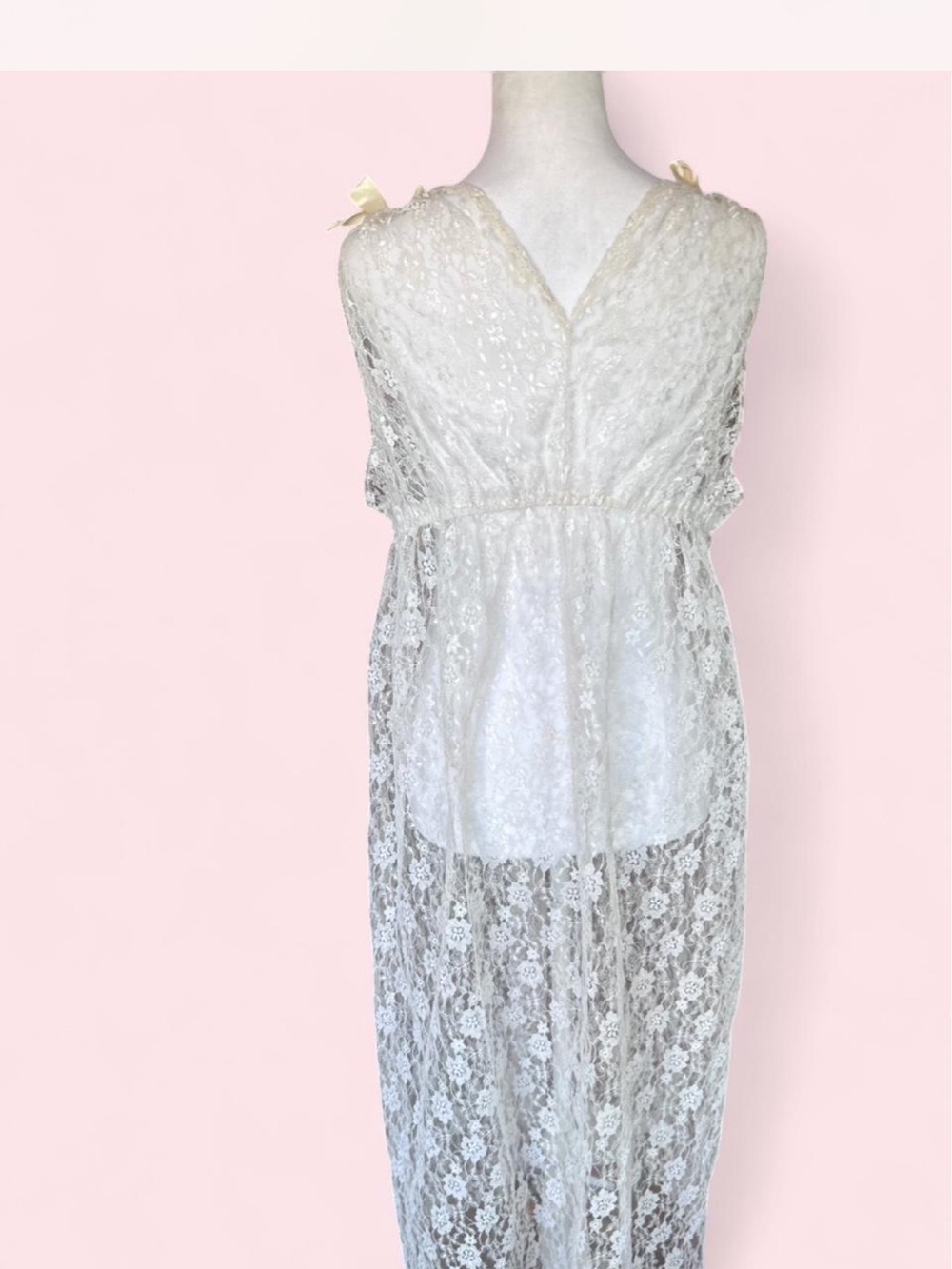 Sheer Lace Maxi Robe with Bow - White Cottagecore Bridal Feminine Coquette Girl - Picture 4 of 4